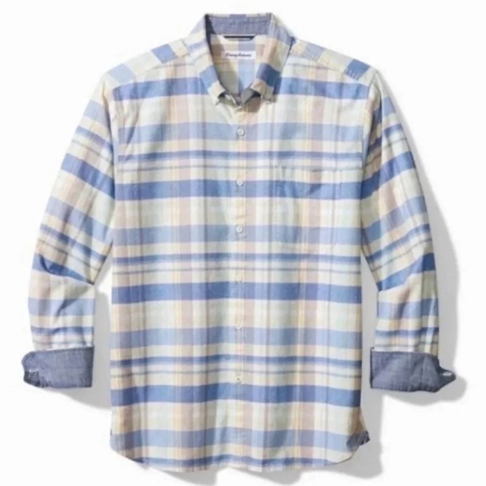 Tommy Bahama Mumbai Madras shirt is a long-sleeve, button-down